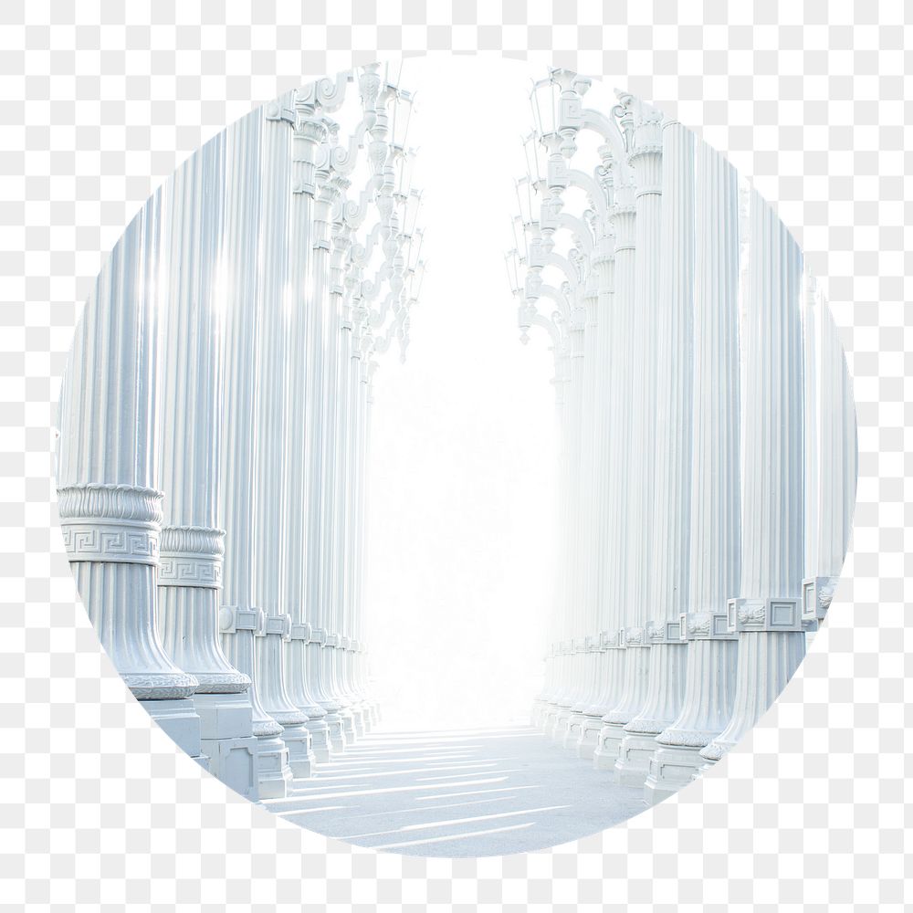 Png aesthetic white pillars badge sticker, architecture photo, transparent background