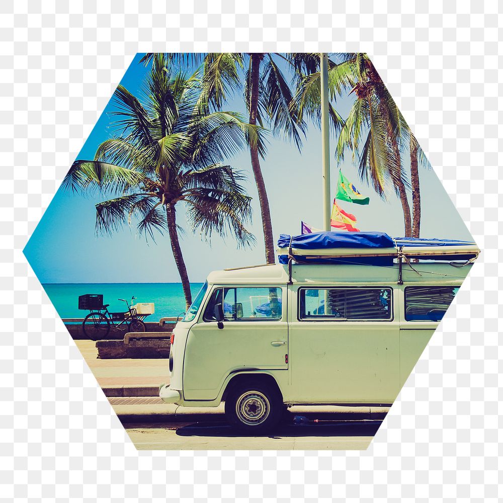 Png Summer camper van badge sticker, travel photo in hexagon shape, transparent background