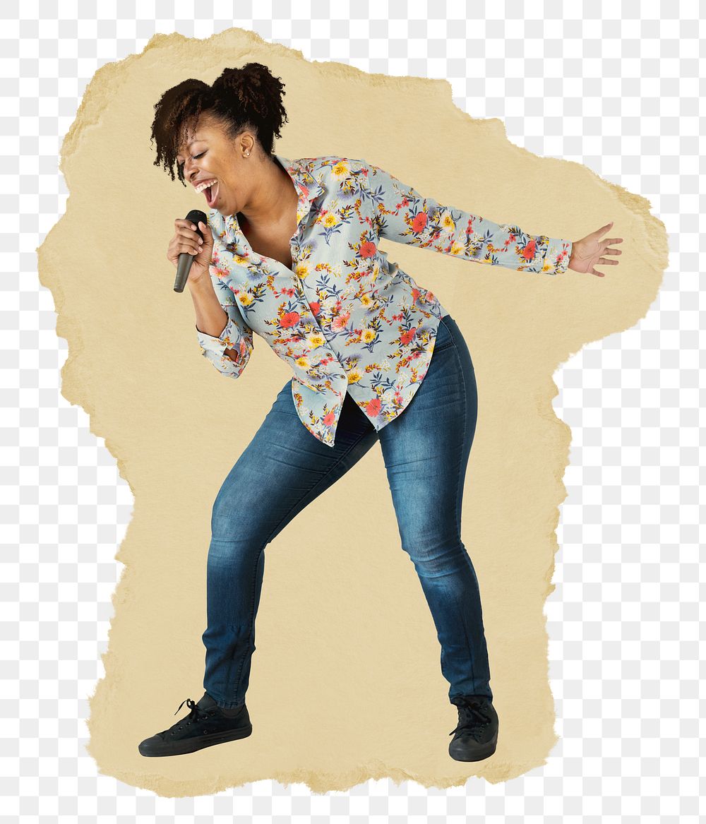 Female singer png sticker, ripped paper on transparent background 