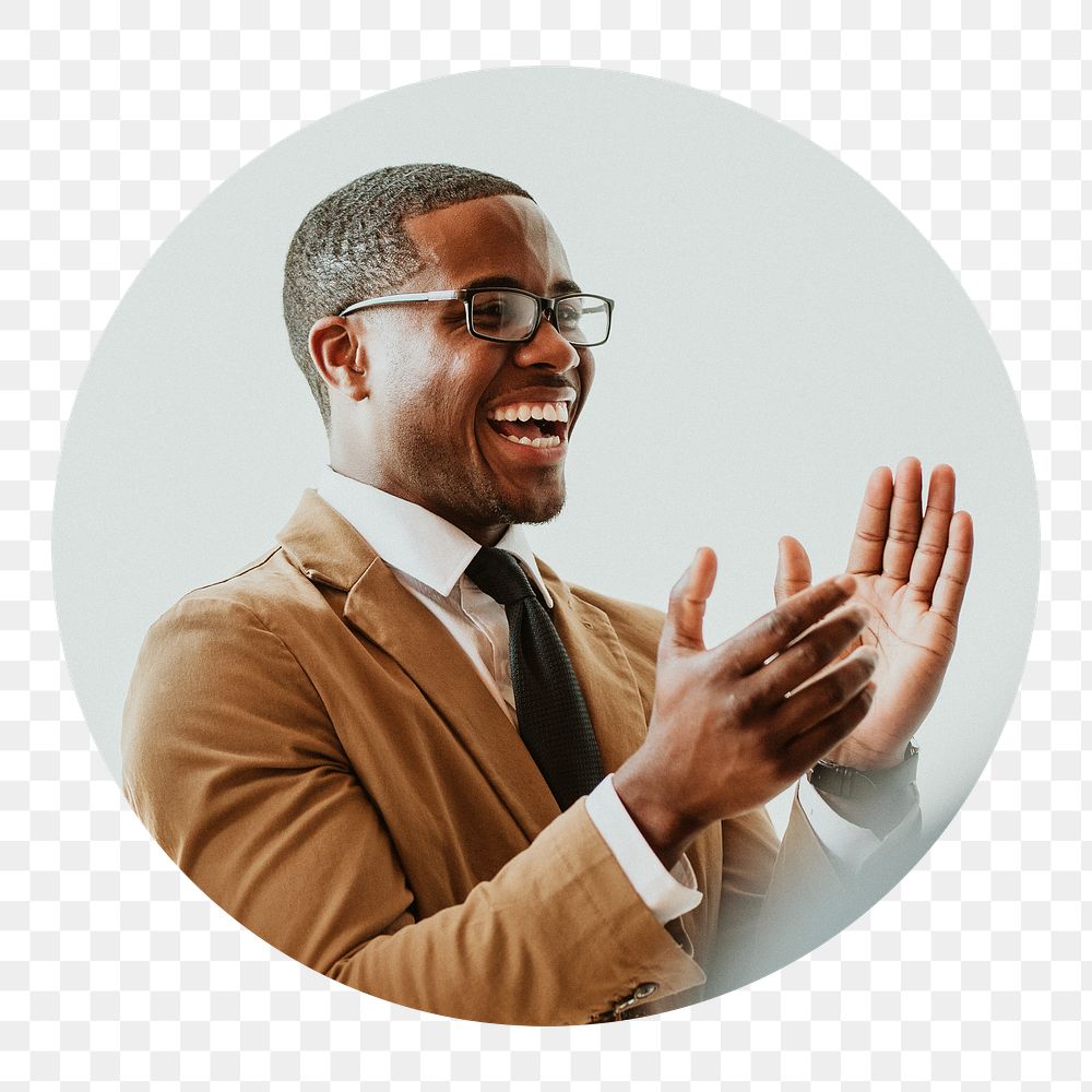 Black businessman png clapping badge sticker, success photo, transparent background