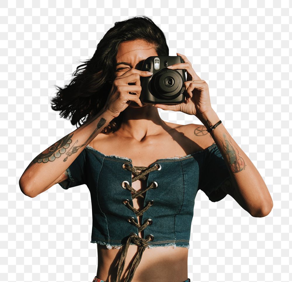 Woman png holding instant camera, transparent background