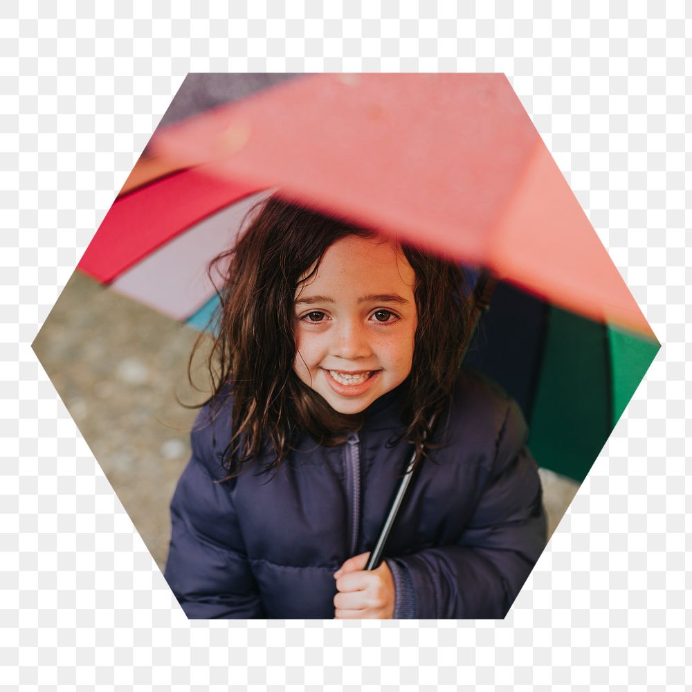 Png Little girl holding umbrella badge sticker, seasonal photo in hexagon shape, transparent background