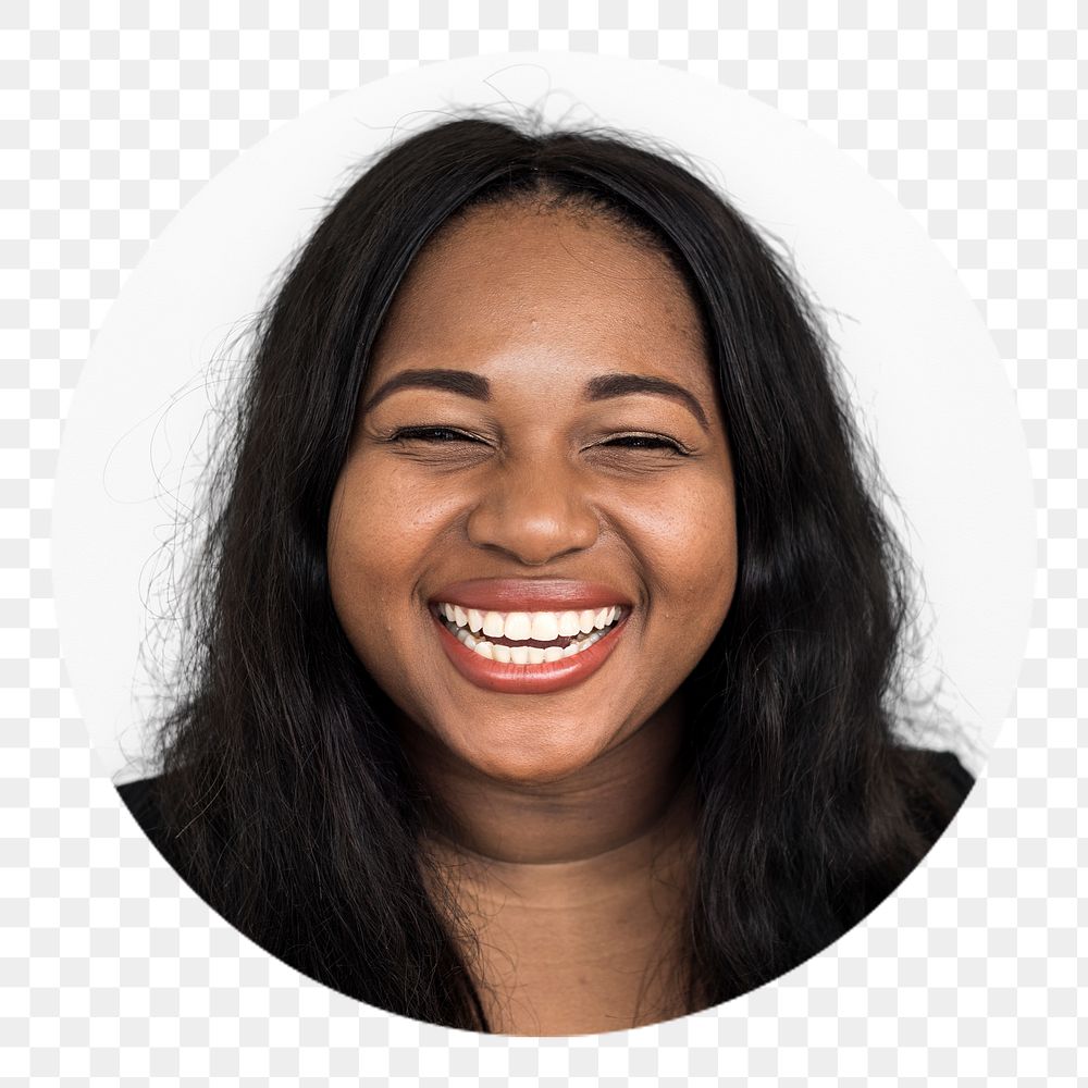 Smiling woman png badge sticker, transparent background