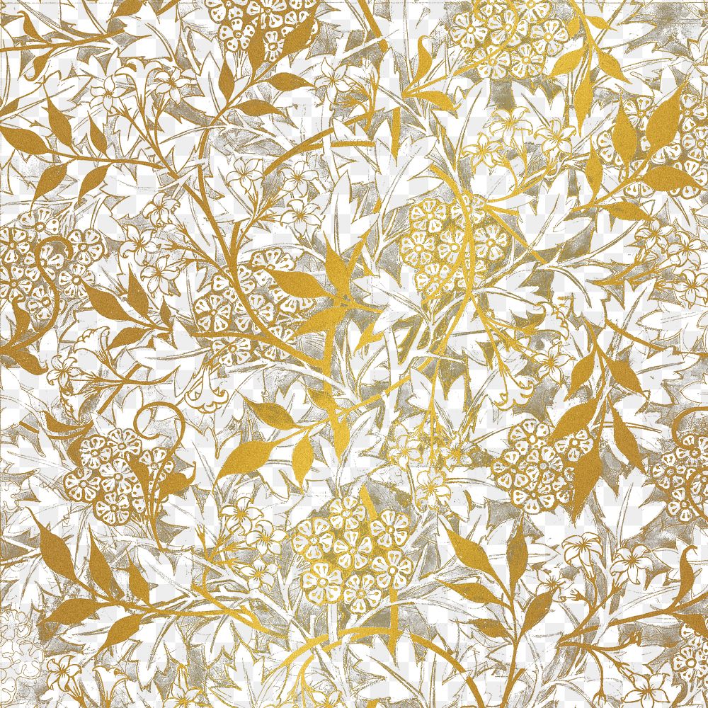 PNG William Morris's leaf pattern sticker, vintage gold floral design, transparent background