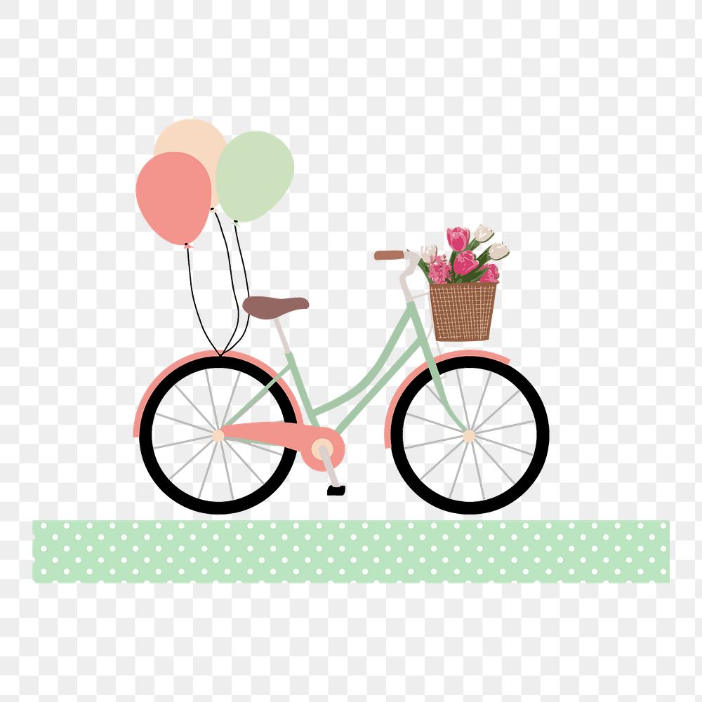 Bicycle with balloon and flower basket png illustration, transparent background. Free public domain CC0 image.