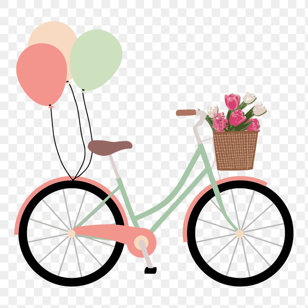 Bicycle with balloon and flower basket png illustration, transparent background. Free public domain CC0 image.