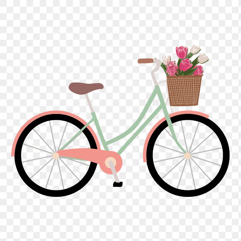 Bicycle with balloon and flower basket png illustration, transparent background. Free public domain CC0 image.