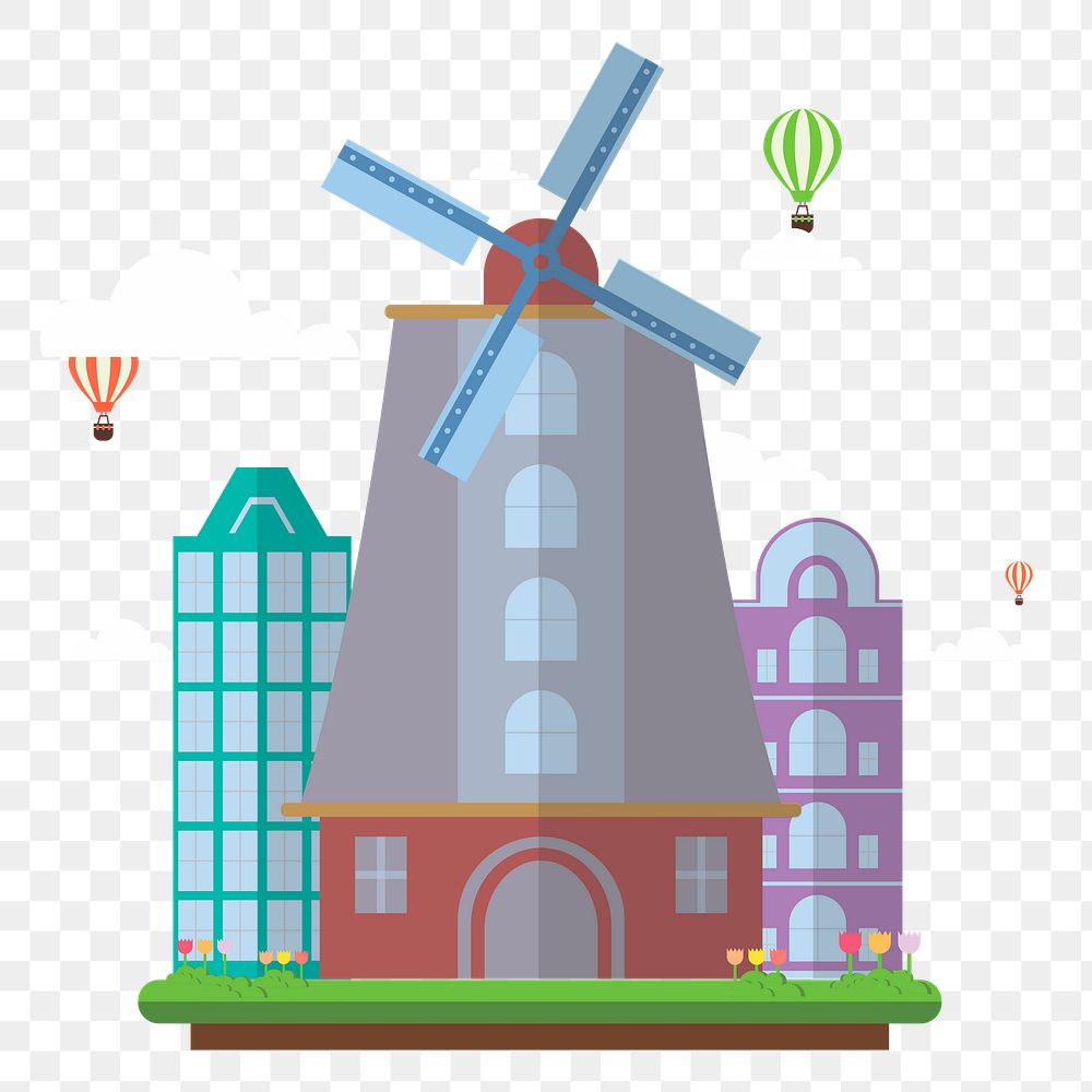 Windmill park Netherland png illustration, transparent background. Free public domain CC0 image.