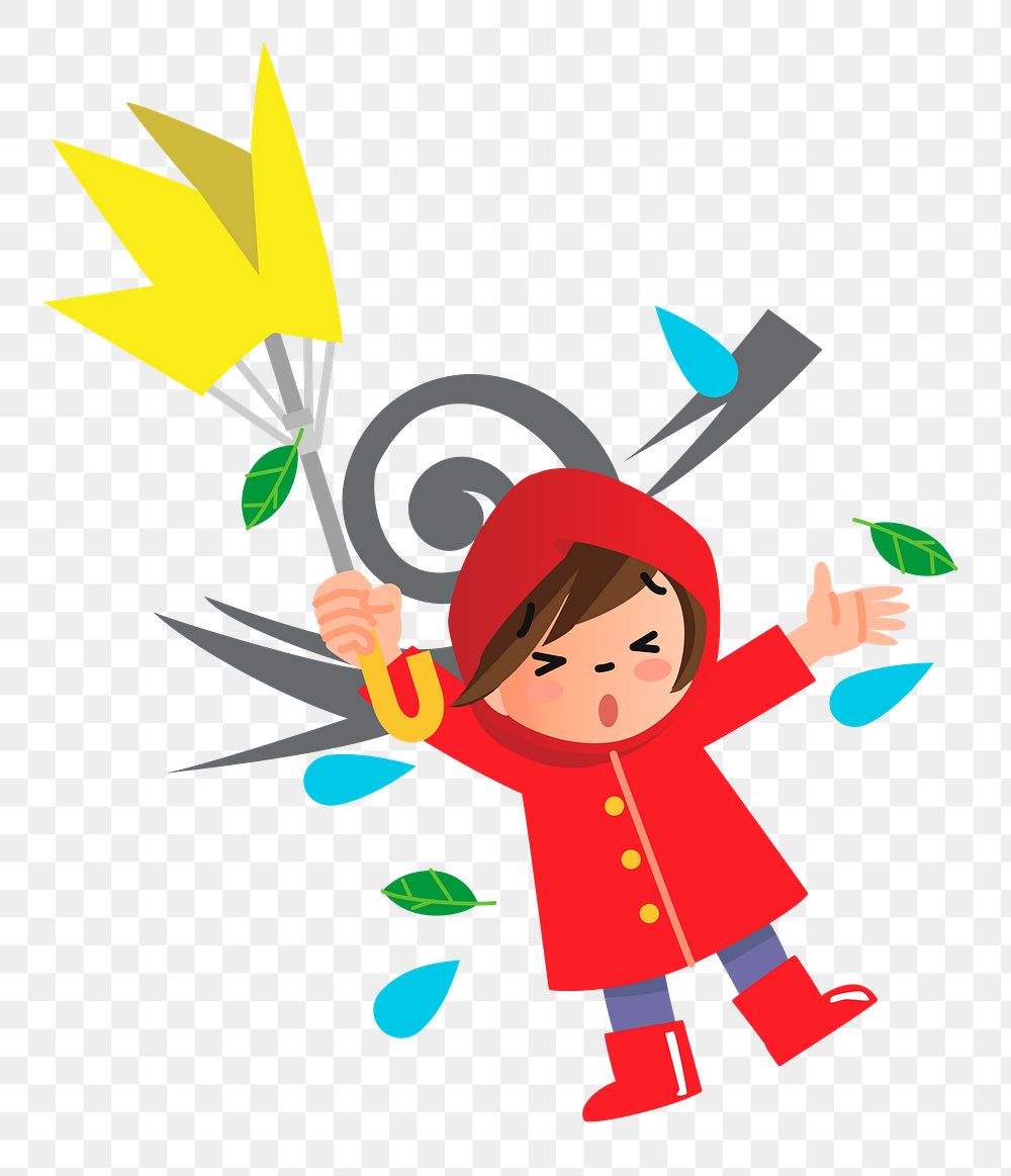 Kid with umbrella windy day png illustration, transparent background. Free public domain CC0 image.