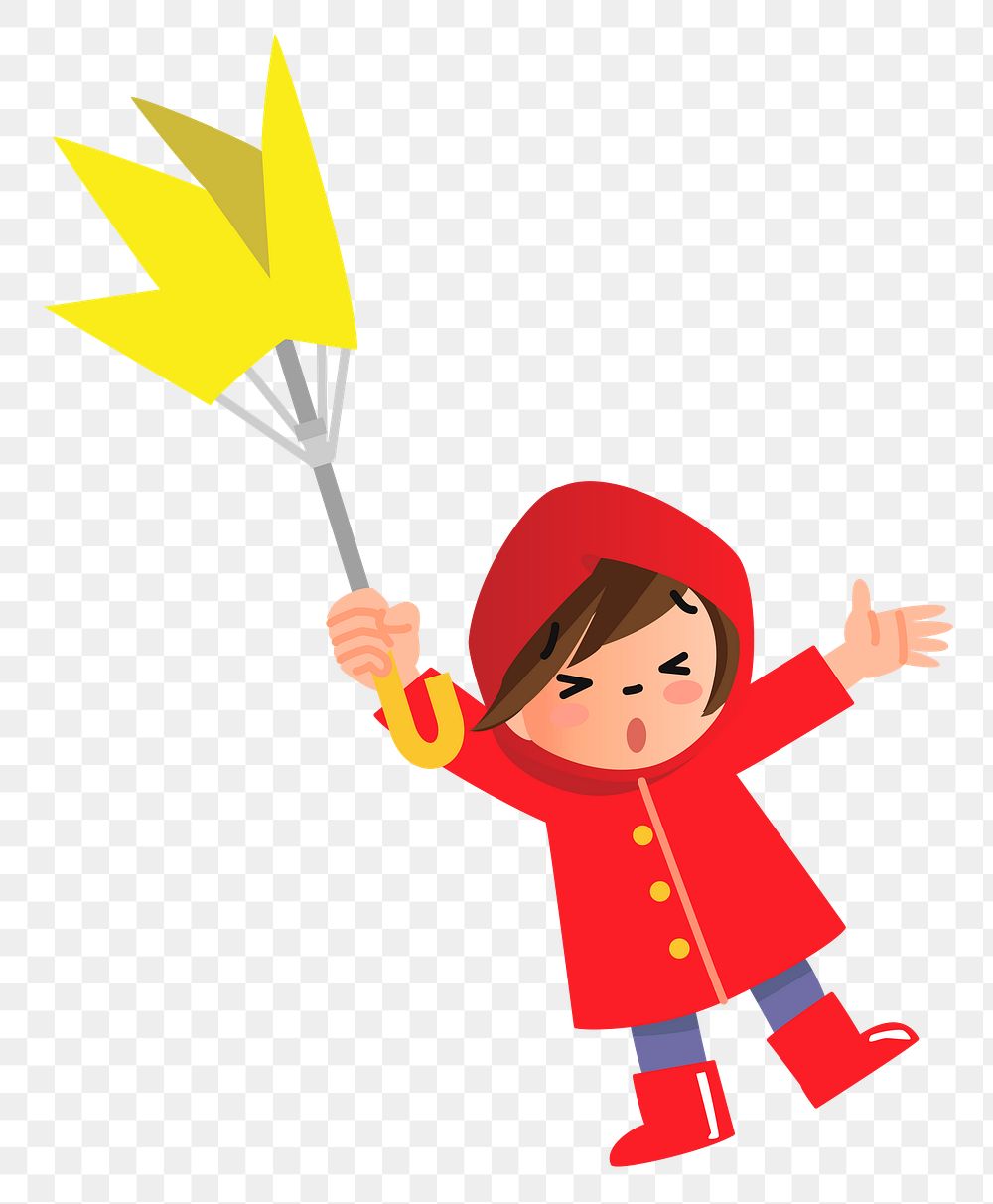 Kid with umbrella windy day png illustration, transparent background. Free public domain CC0 image.