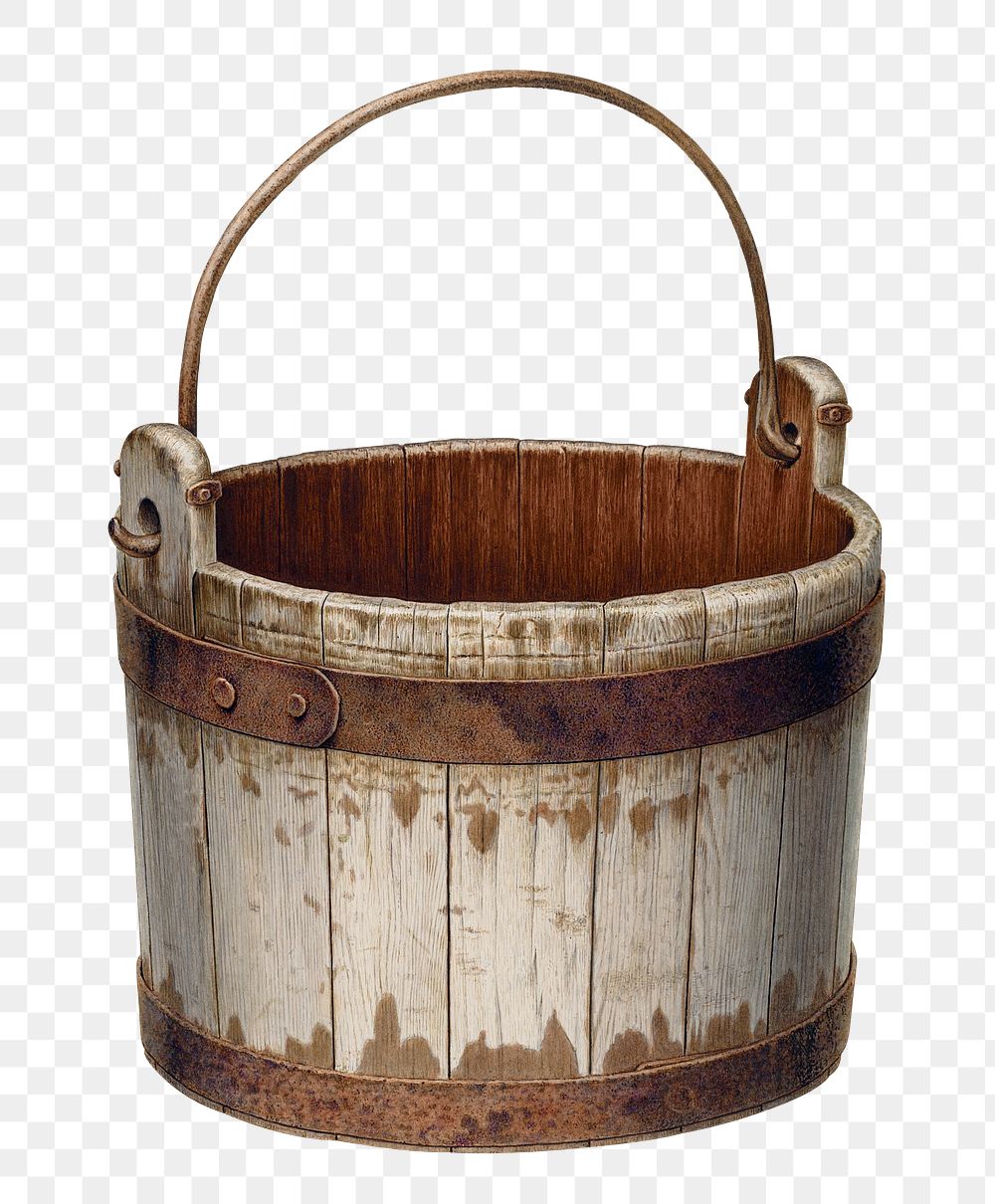 Wooden bucket png sticker, transparent background, Edward Bashaw’s artwork, digitally enhanced by rawpixel