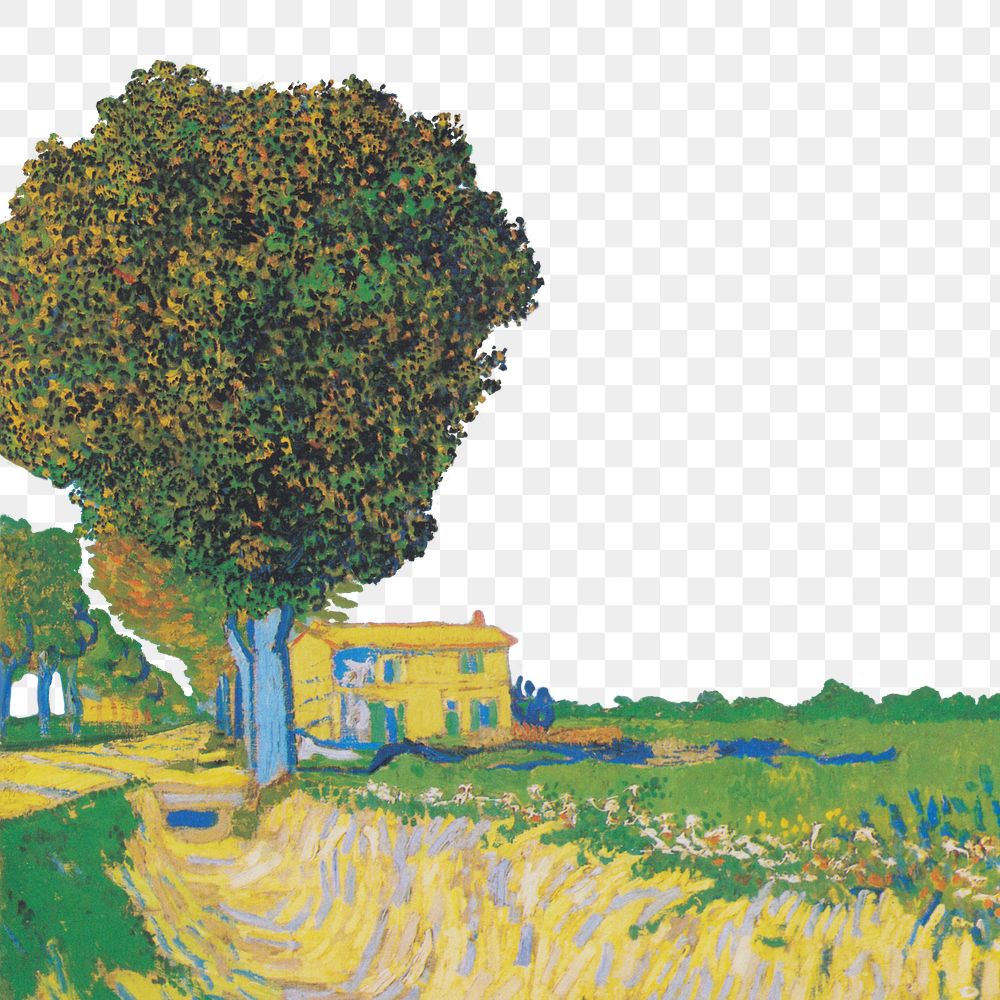 Van Gogh landscape png border sticker, Avenue at Arles with houses, transparent background, remixed by rawpixel