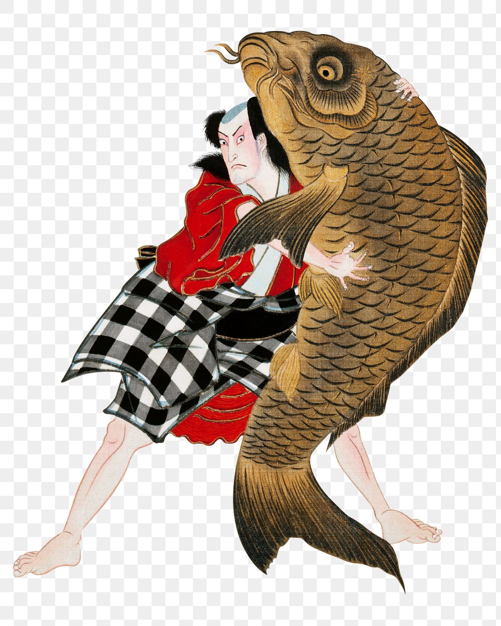 Shorakusai's png man wrestling fish, transparent background.   Remastered by rawpixel. 