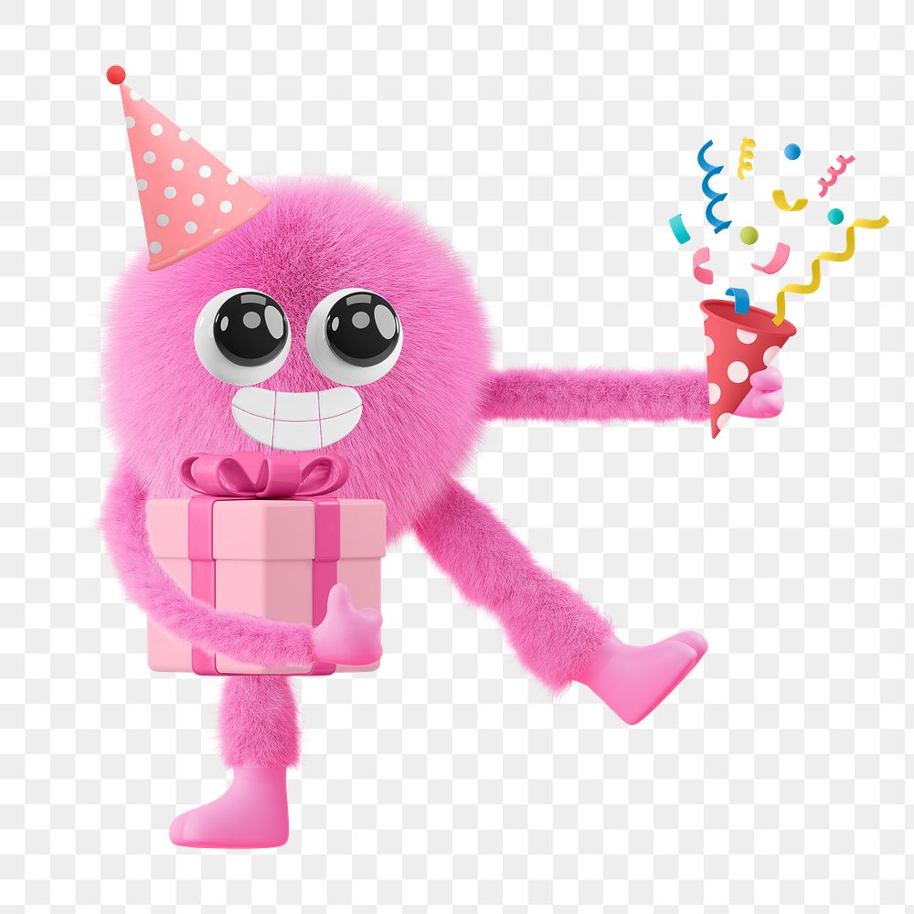 Png cute monster birthday sticker, 3D rendering, transparent background