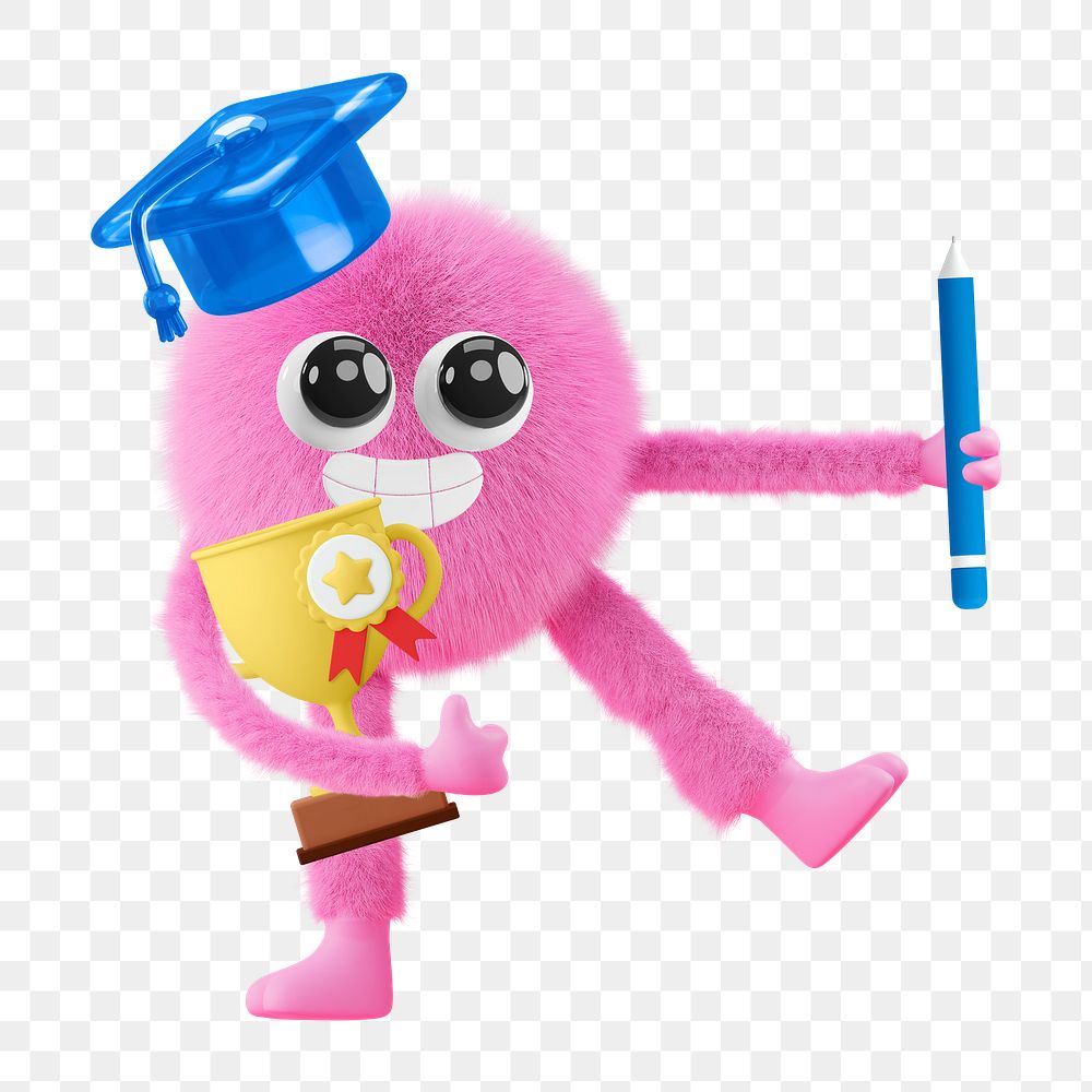 Png cute monster graduation sticker, 3D rendering, transparent background