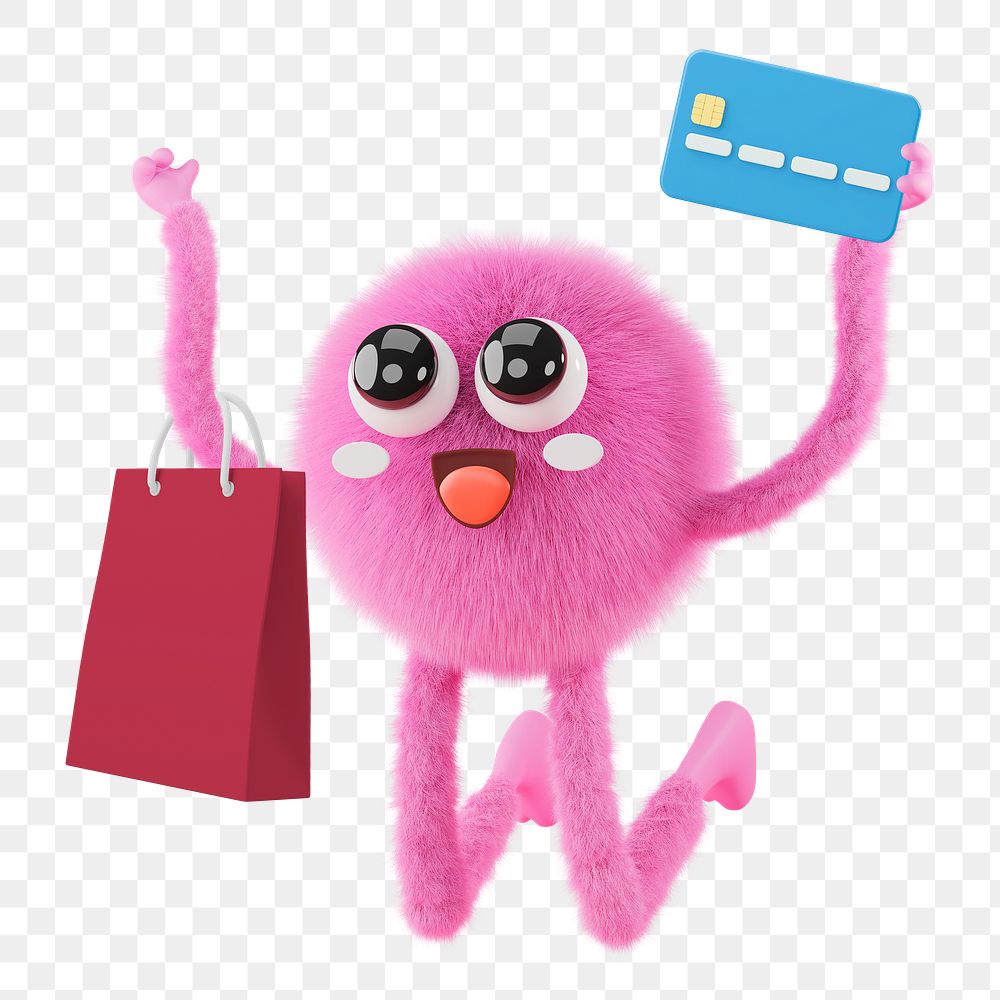 Png cute monster shopping sticker, 3D rendering, transparent background