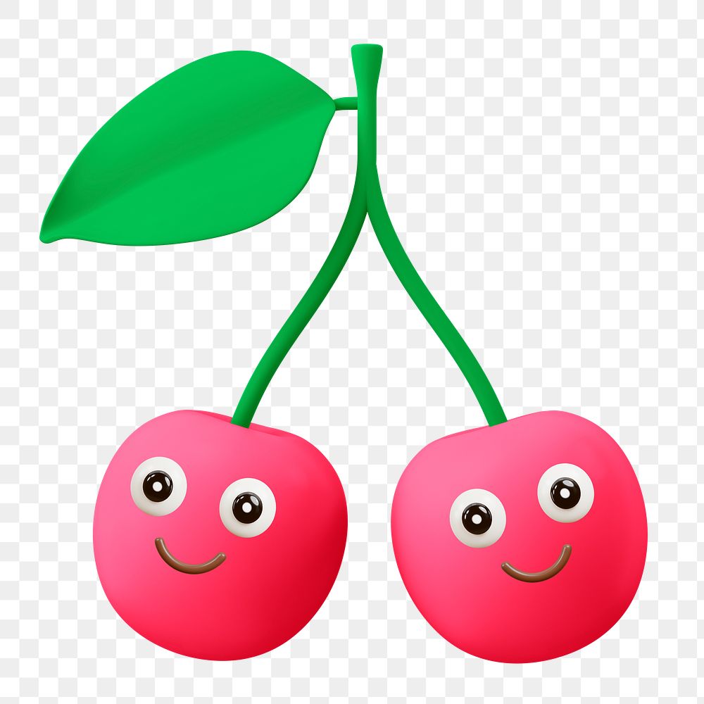 Png smiling cherry sticker, 3D rendering, transparent background