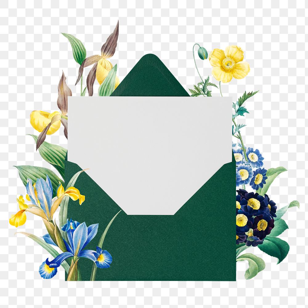 Flower envelope png sticker, botanical illustration, transparent background