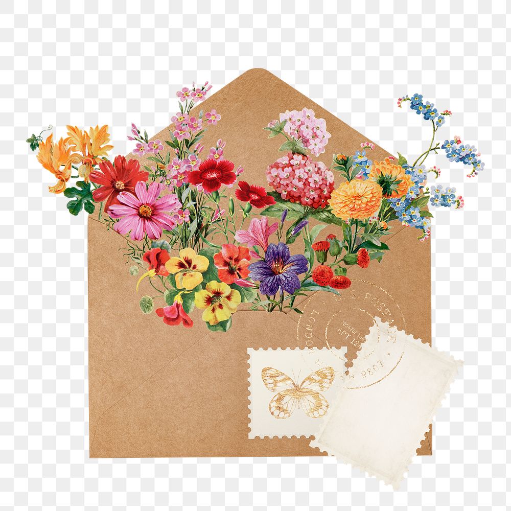 Flower envelope png sticker, botanical illustration, transparent background