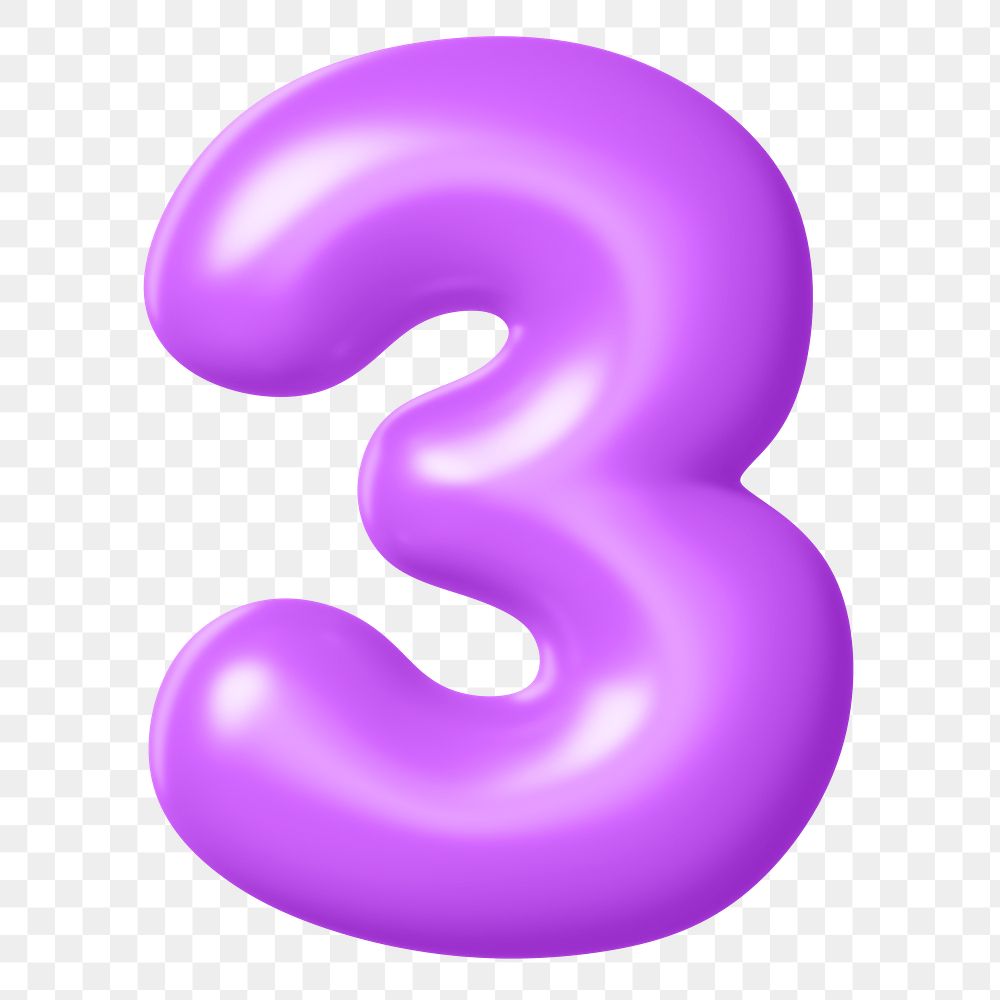 3D 3 png number sticker, purple balloon texture, transparent background