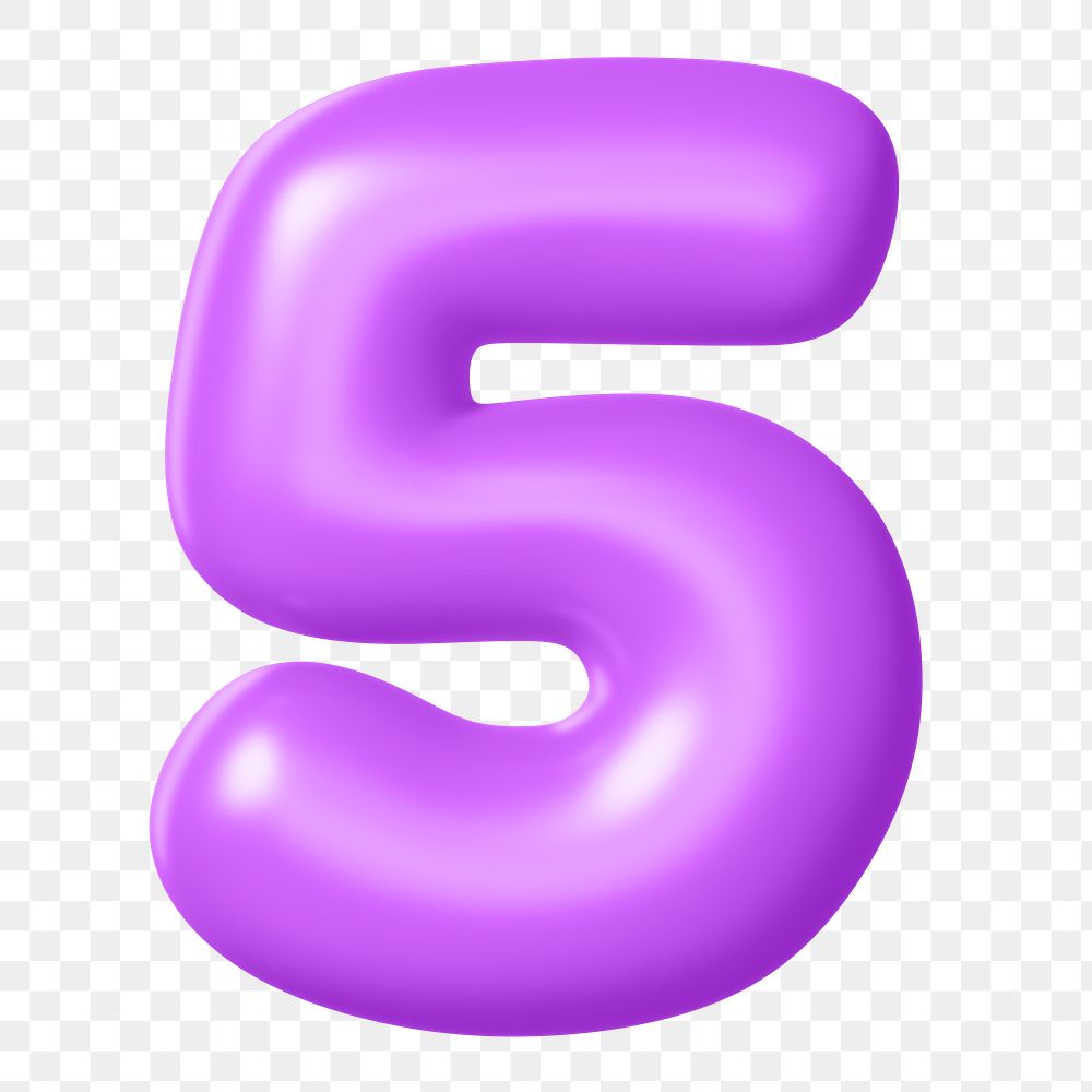 3D 5 png number sticker, purple balloon texture, transparent background