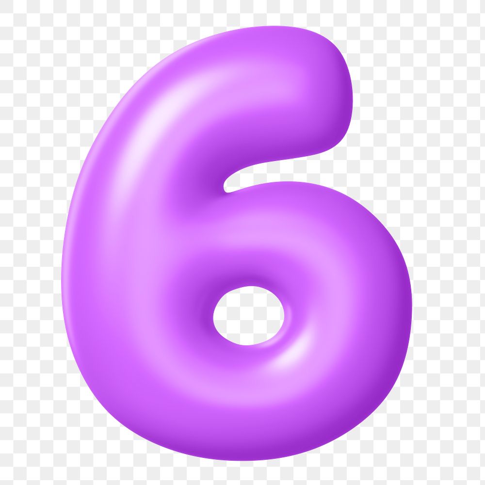 3D 6 png number sticker, purple balloon texture, transparent background