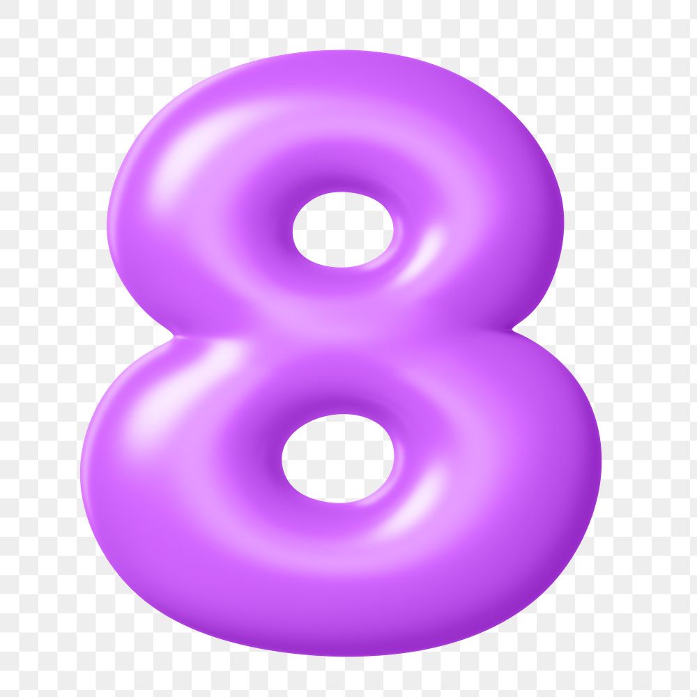 3D 8 png number sticker, purple balloon texture, transparent background