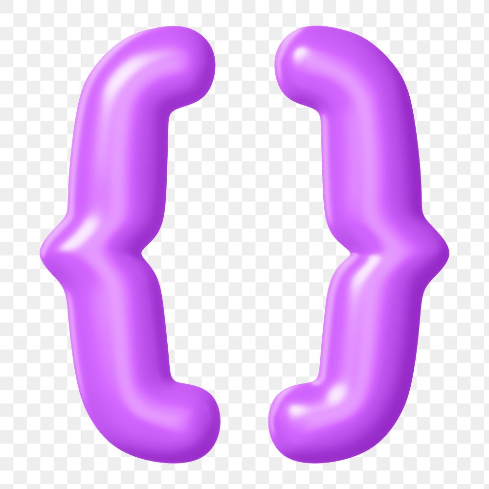 3D Curly brackets png symbol sticker, purple balloon texture, transparent background