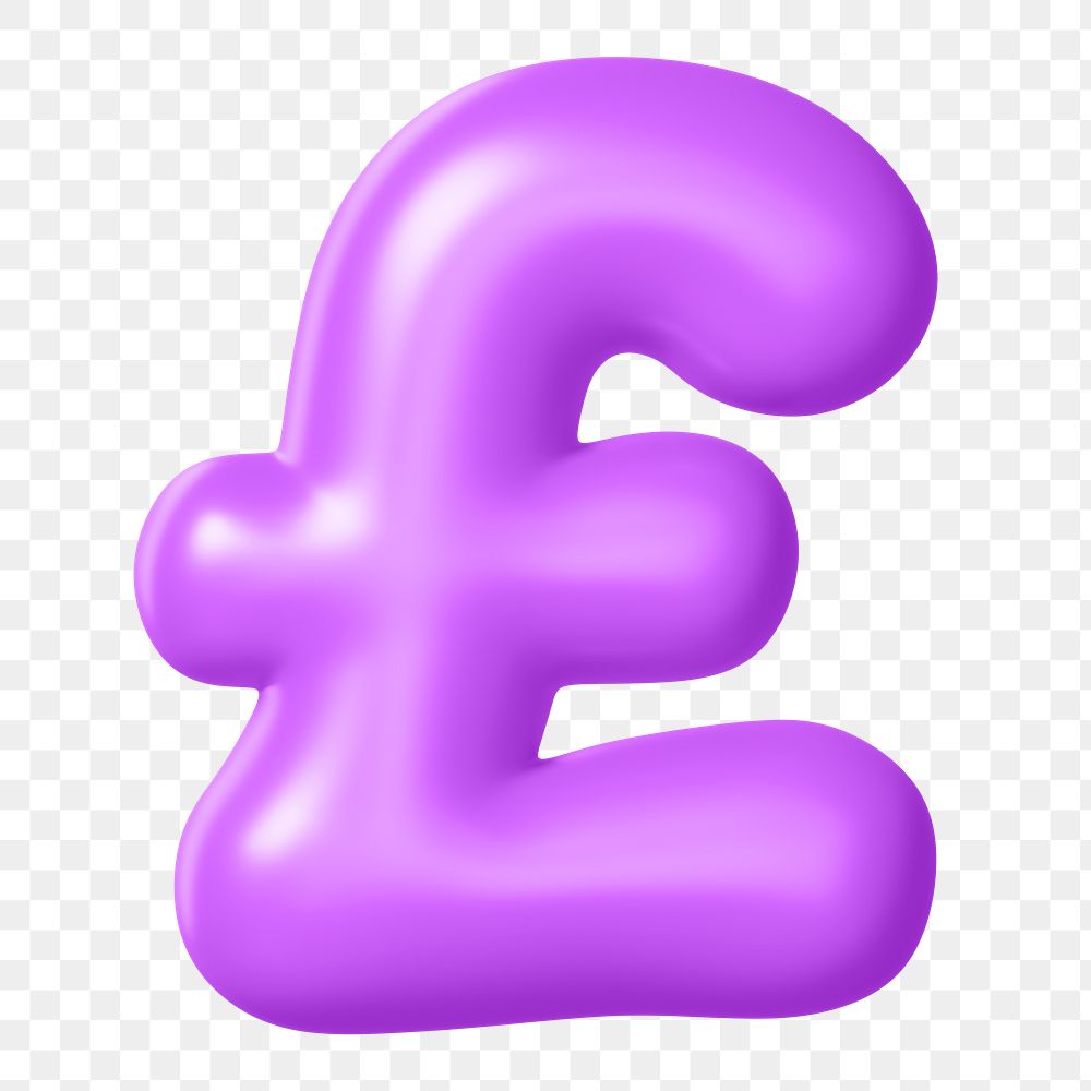 British pound sign png 3D sticker, purple balloon texture, transparent background
