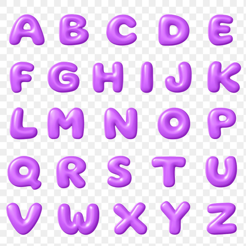 3D A-Z png letter sticker, purple balloon English alphabet set on transparent background