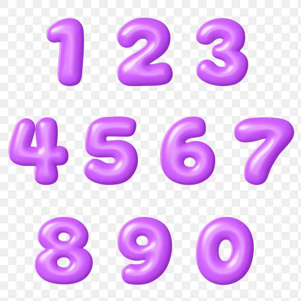 3D numbers png sticker, purple balloon set, transparent background