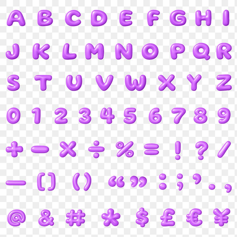 A-Z alphabet png sticker, 3D purple balloon, numbers, symbols set on transparent background