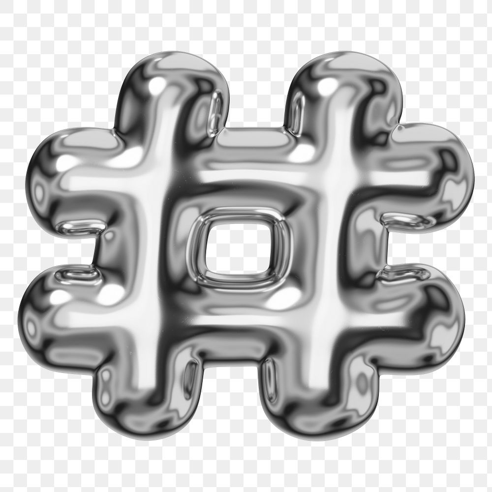 Hashtag symbol png sticker, 3D chrome metallic balloon design, transparent background