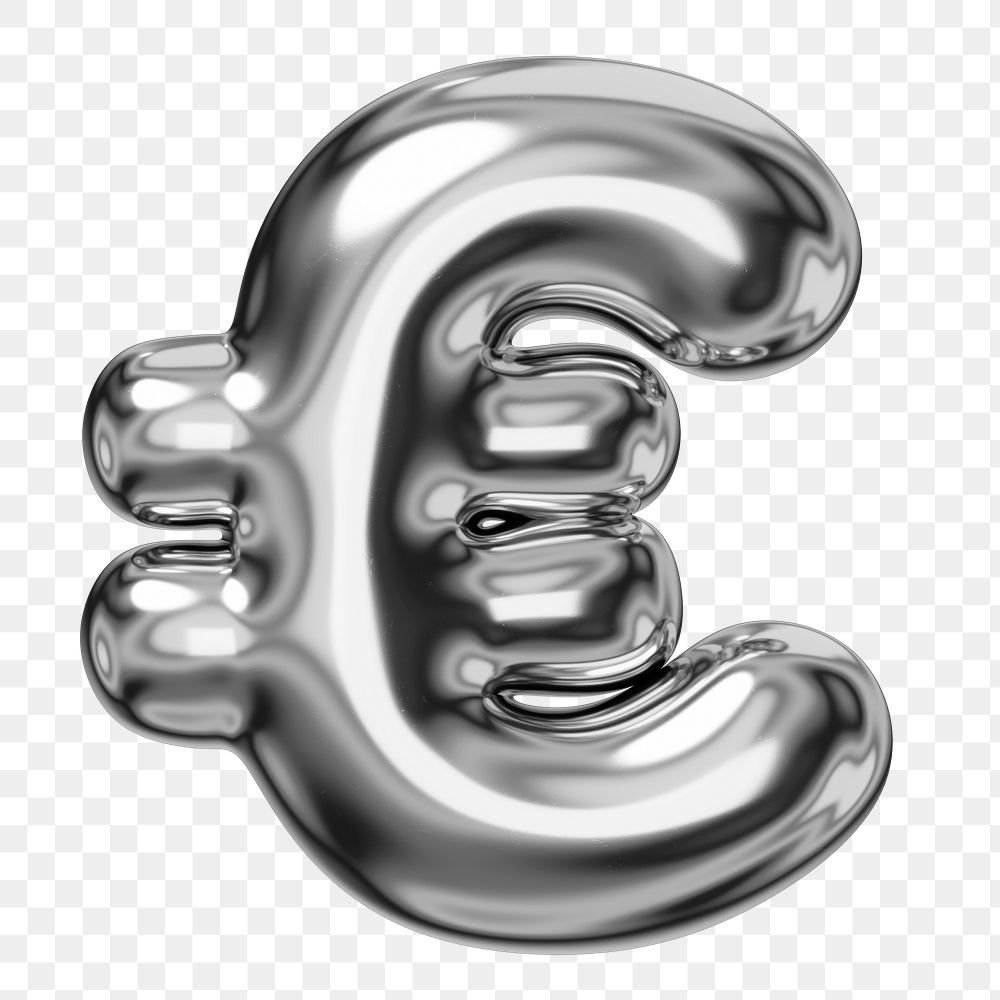 Euro currency sign png sticker, 3D chrome metallic balloon design, transparent background