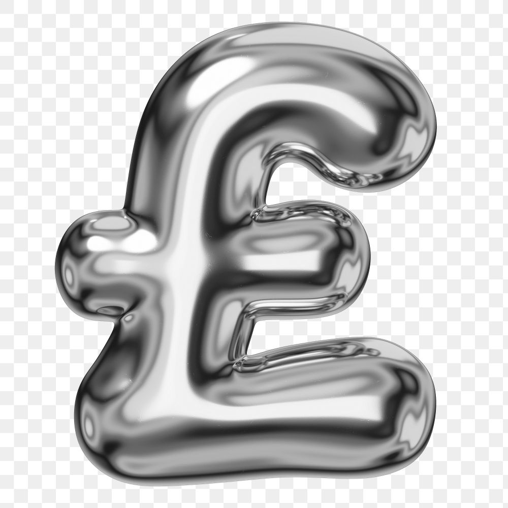 British pound sign png sticker, 3D chrome metallic balloon design, transparent background