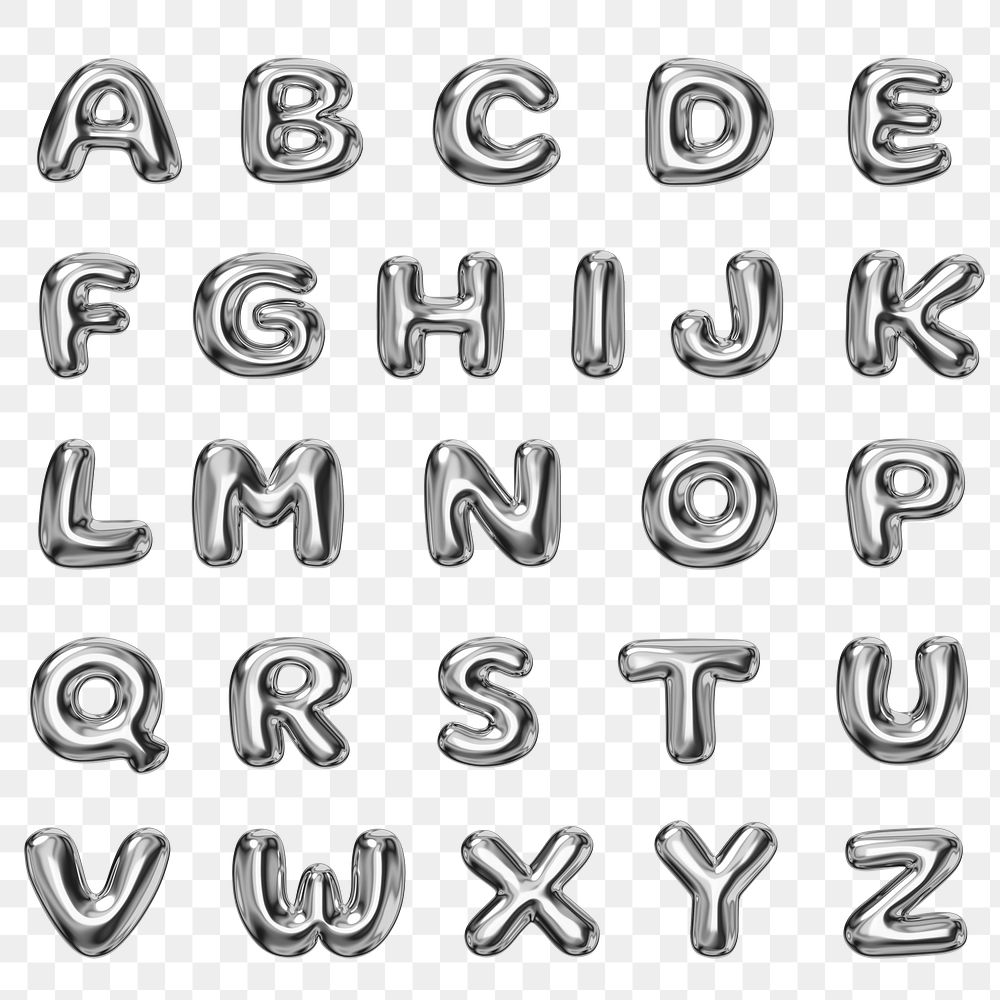 A-Z alphabet png sticker, 3D metallic balloon design set, transparent background