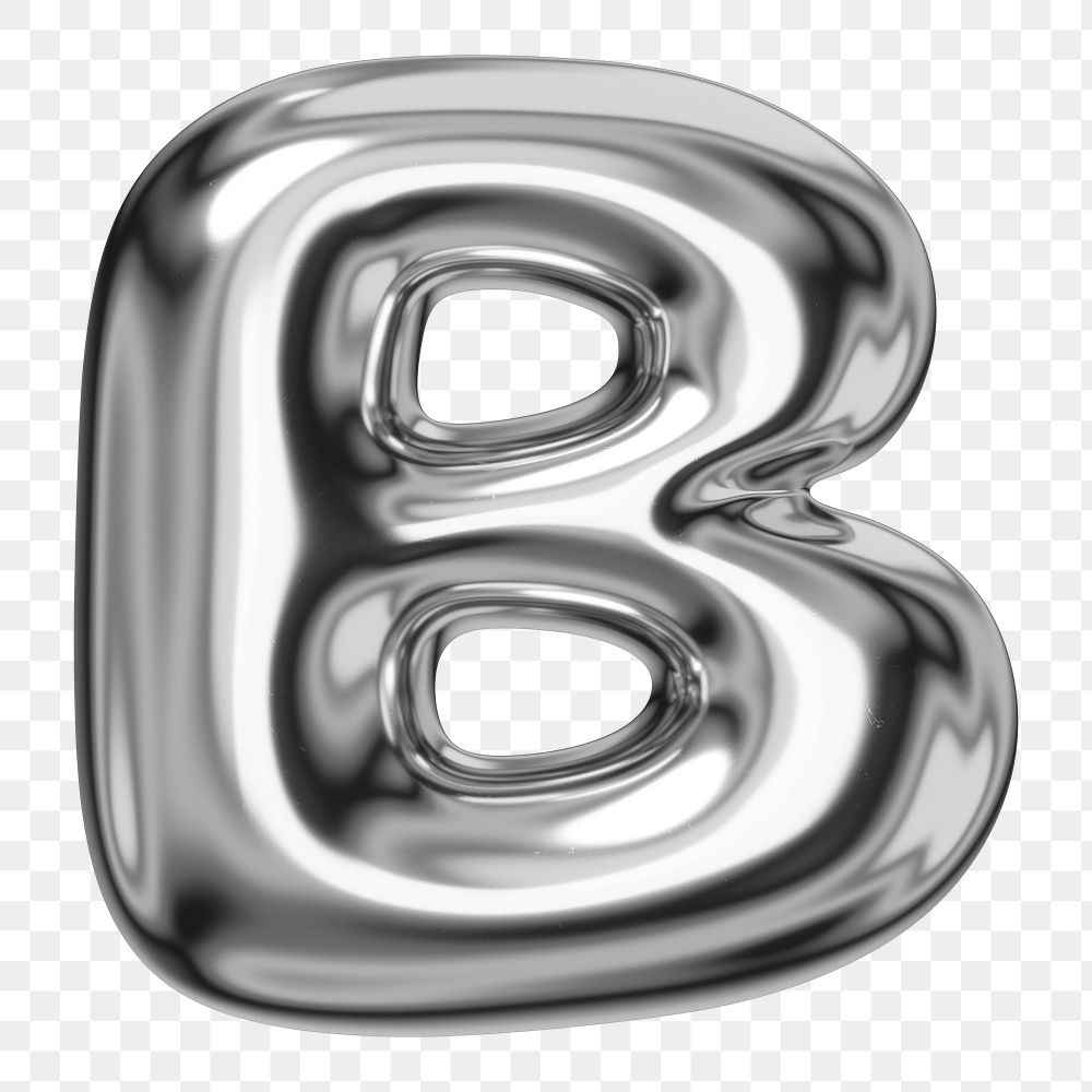 B alphabet png sticker, 3D chrome metallic balloon design, transparent background