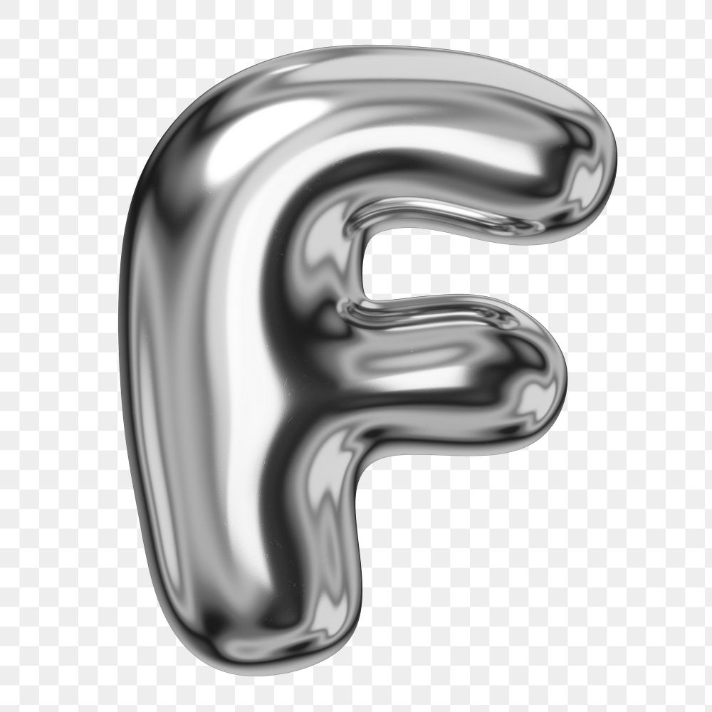 F alphabet png sticker, 3D chrome metallic balloon design, transparent background