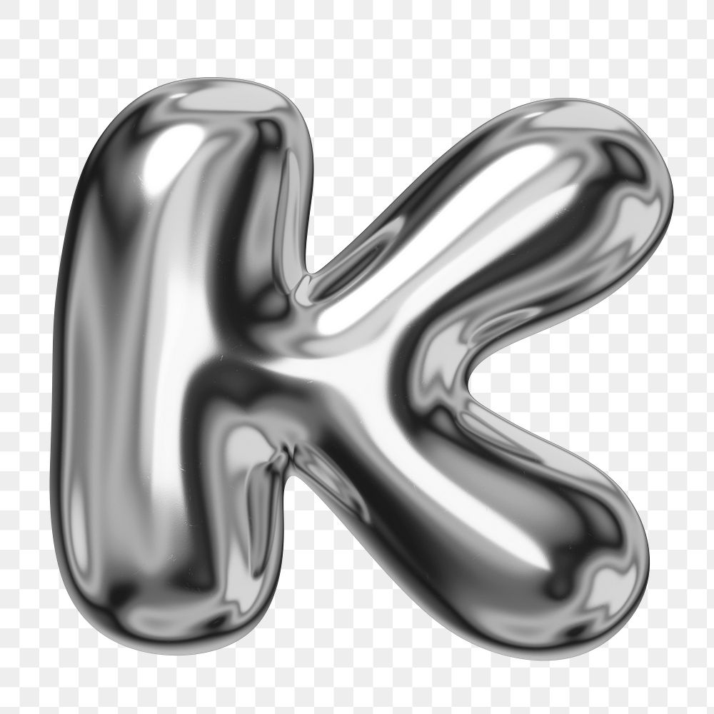 K alphabet png sticker, 3D chrome metallic balloon design, transparent background
