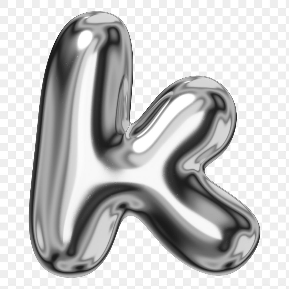 k alphabet png sticker, 3D chrome metallic balloon design, transparent background