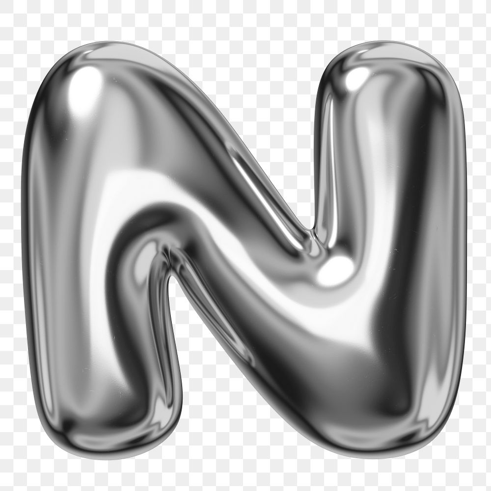 N alphabet png sticker, 3D chrome metallic balloon design, transparent background