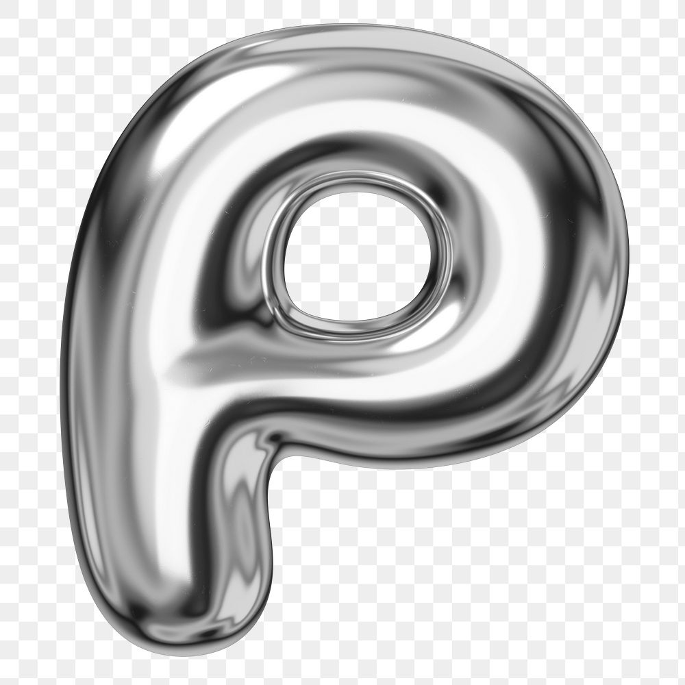 P alphabet png sticker, 3D chrome metallic balloon design, transparent background