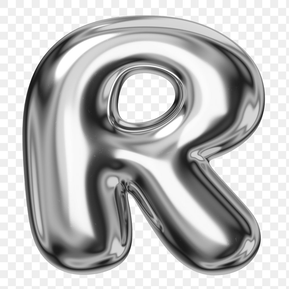 R alphabet png sticker, 3D chrome metallic balloon design, transparent background