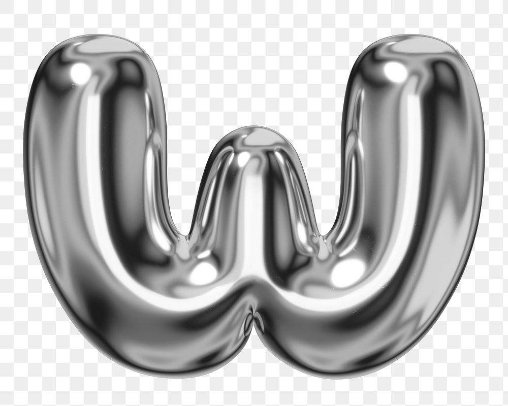 W alphabet png sticker, 3D chrome metallic balloon design, transparent background