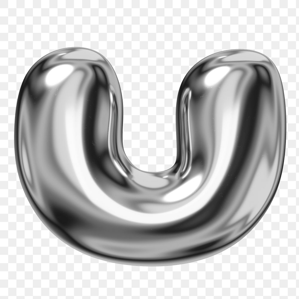 U alphabet png sticker, 3D chrome metallic balloon design, transparent background