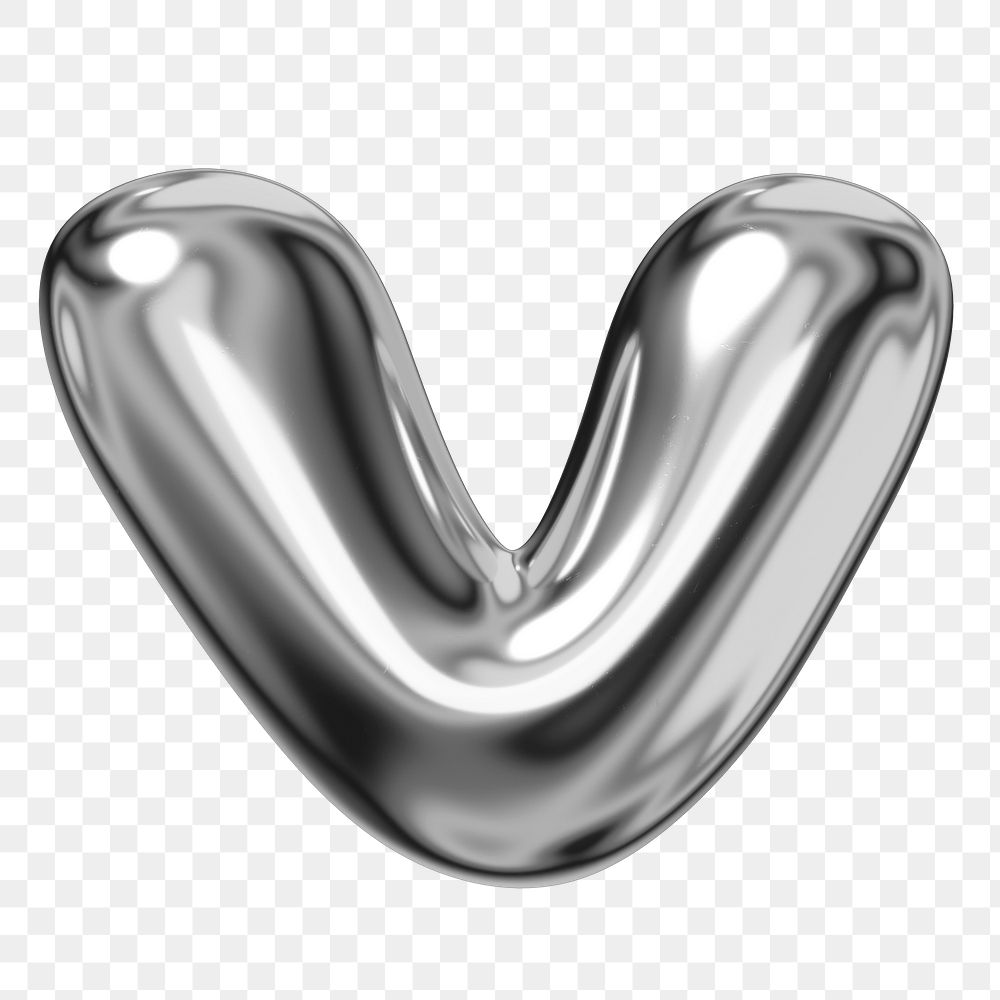 V alphabet png sticker, 3D chrome metallic balloon design, transparent background