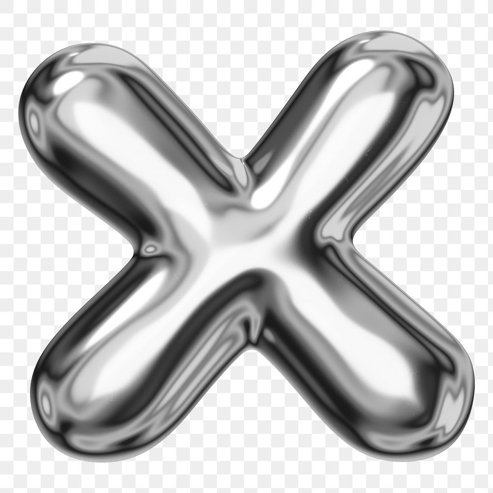 X alphabet png sticker, 3D chrome metallic balloon design, transparent background