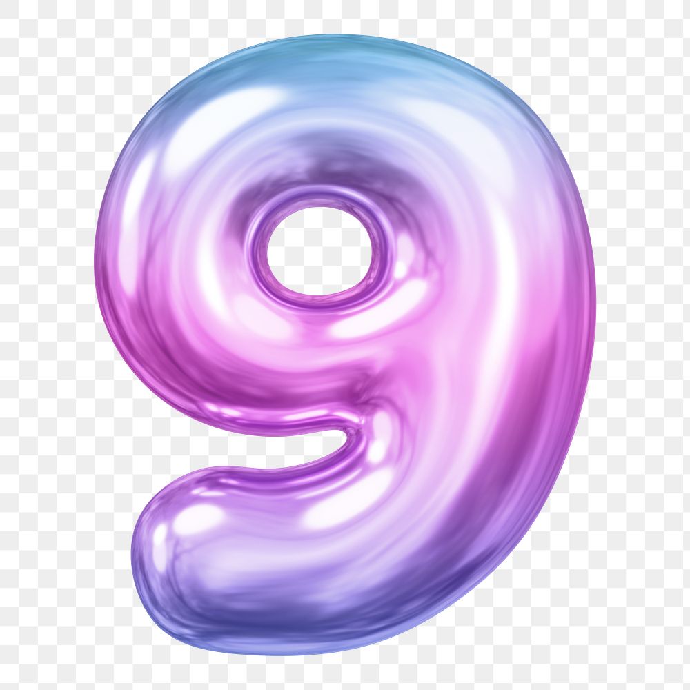 9 number png sticker, pink 3D gradient balloon design, transparent background