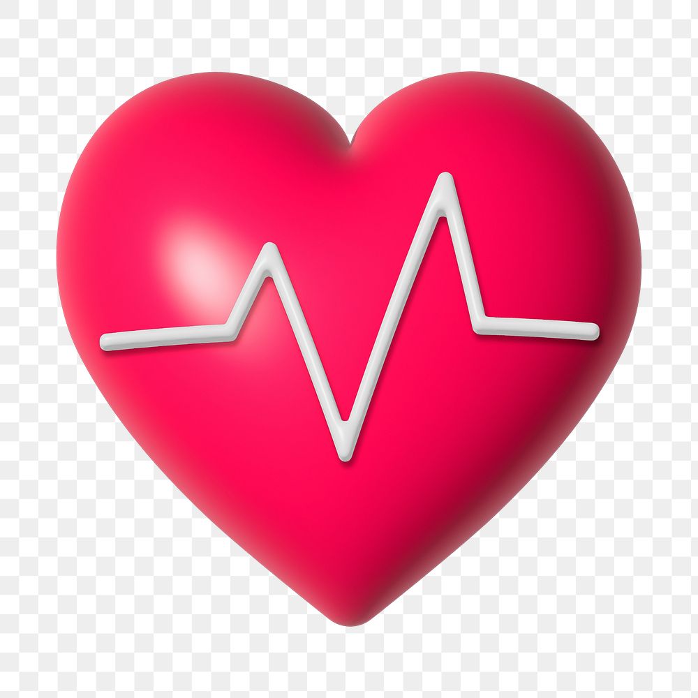 Heart 3D illustration png with vital signs, transparent background
