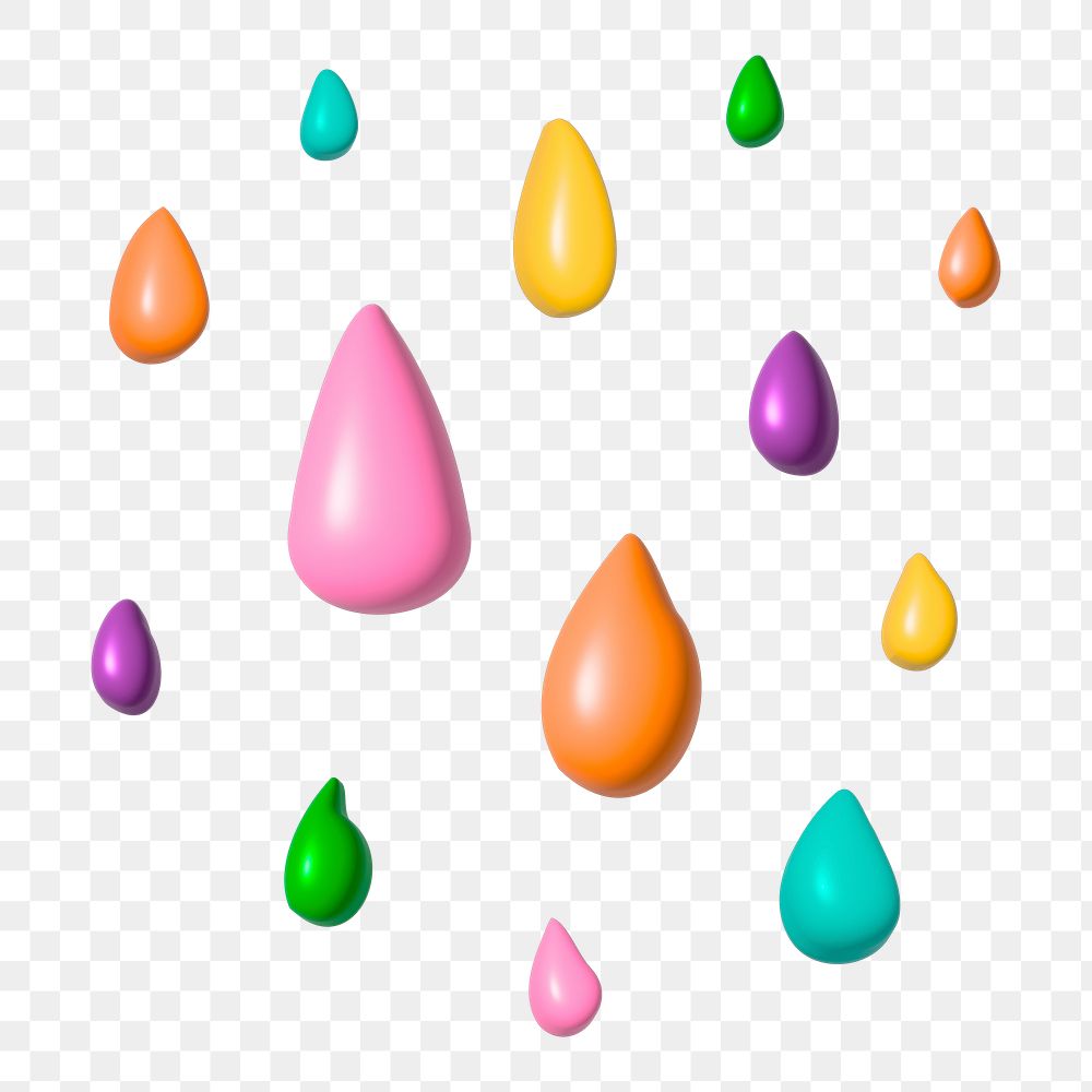 Png colorful rain drops 3D illustration, transparent background